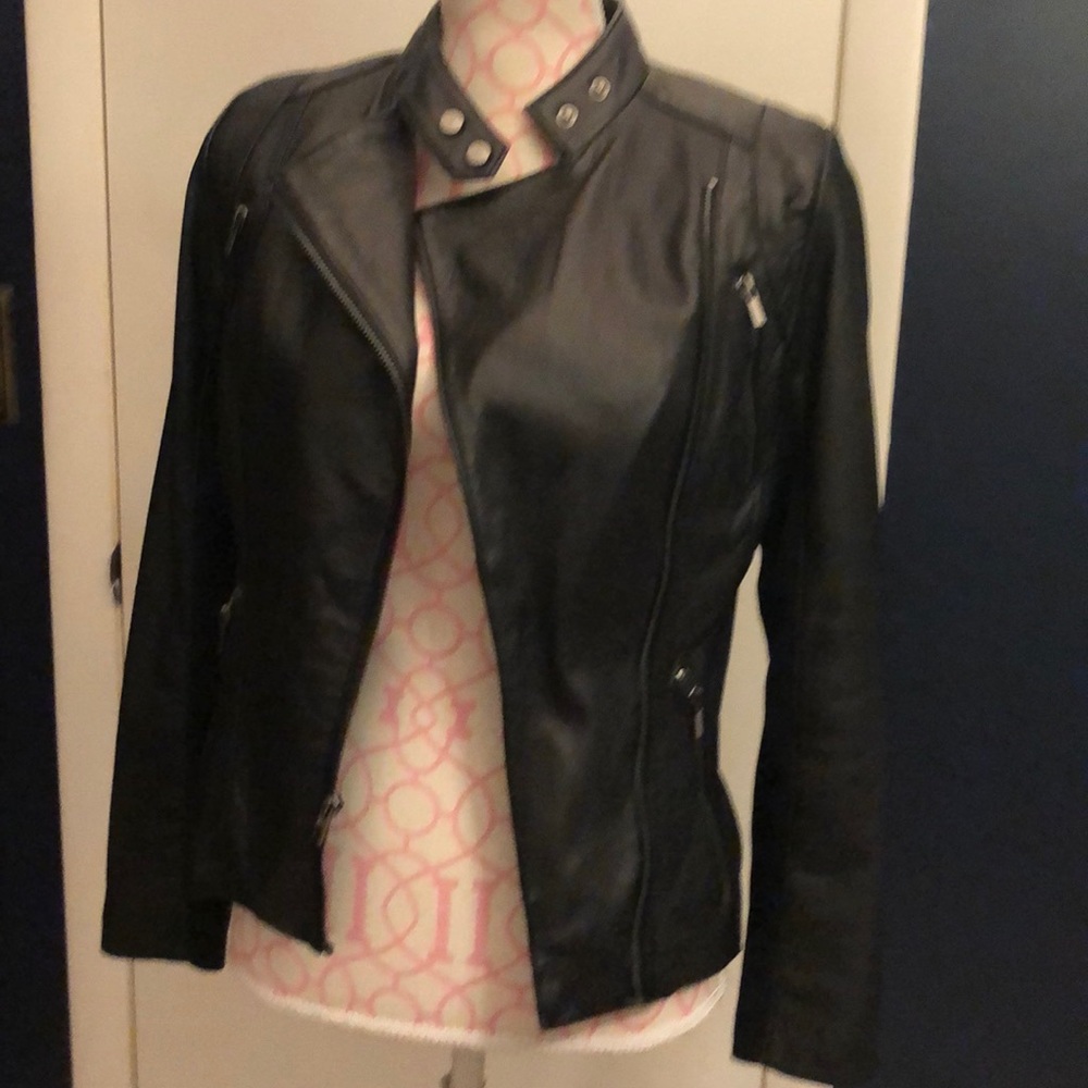 Mixed media leather moto jacket